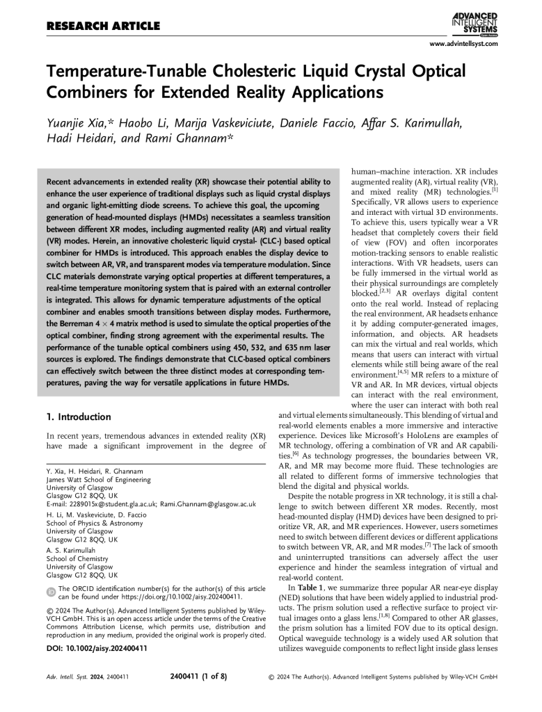 Temperature-Tunable Cholesteric Liquid Crystal Optical Combiners for Extended Reality Applications