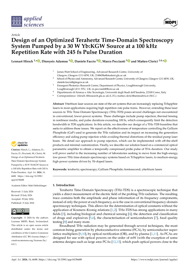 Design of an Optimized Terahertz Time-Domain Spectroscopy System Pumped by a 30 WYb:KGW Source at a 100 kHz Repetition Rate with 245 fs Pulse Duration
