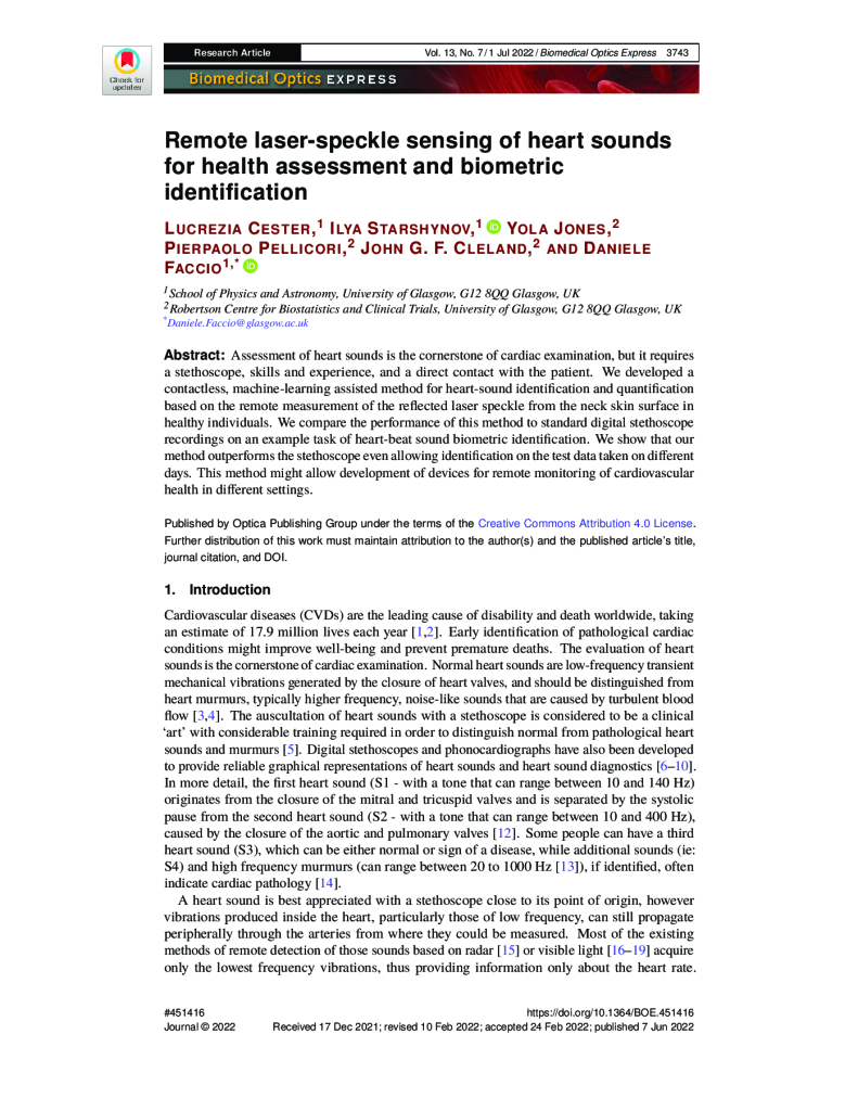 Remote laser-speckle sensing of heart sounds for health assessment and biometric identification