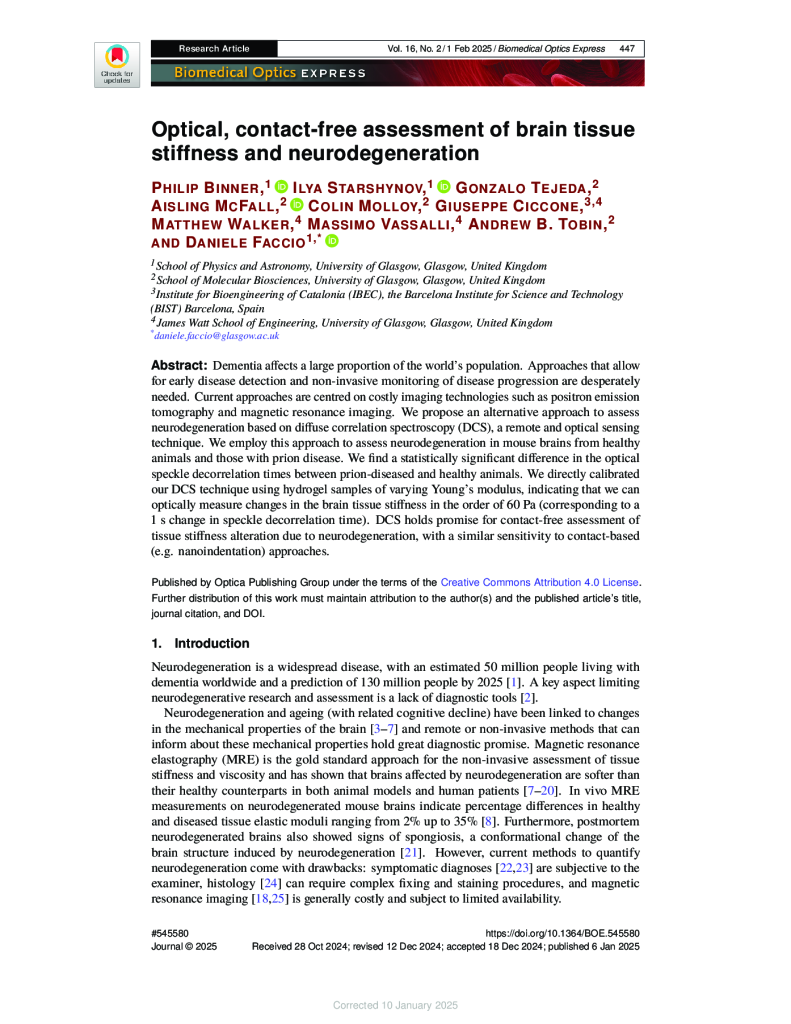 Optical, contact-free assessment of brain tissue stiffness and neurodegeneration