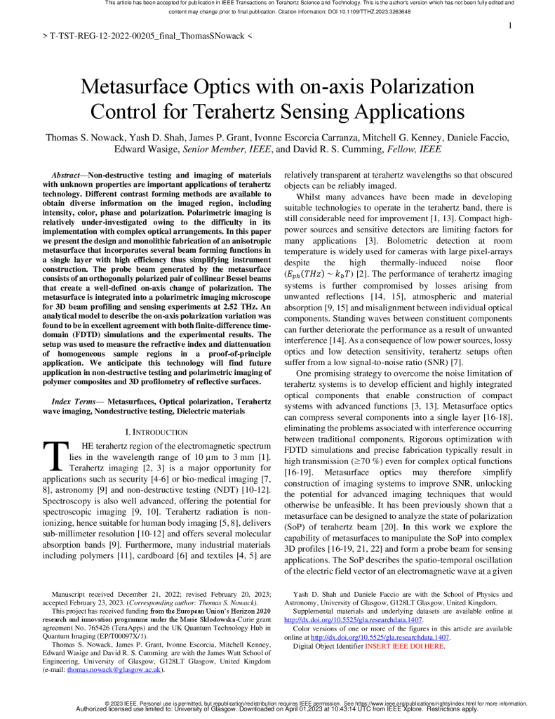 Metasurface Optics with on-axis Polarization Control for Terahertz Sensing Applications
