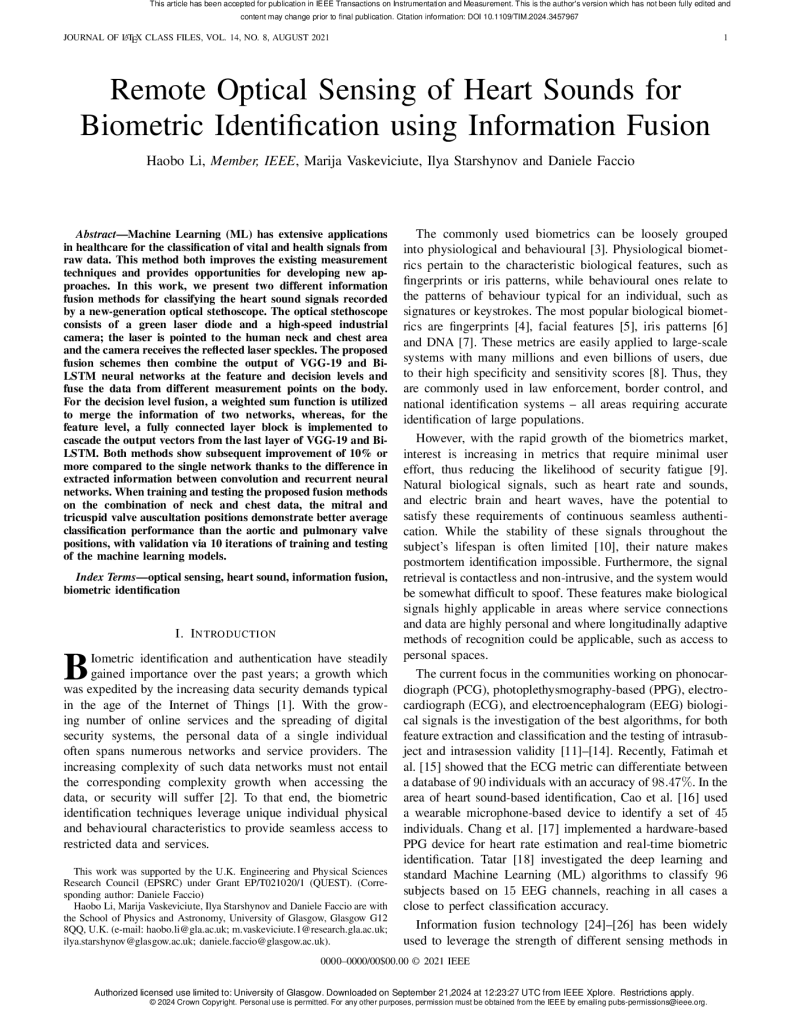 Remote Optical Sensing of Heart Sounds for Biometric Identification using Information Fusion