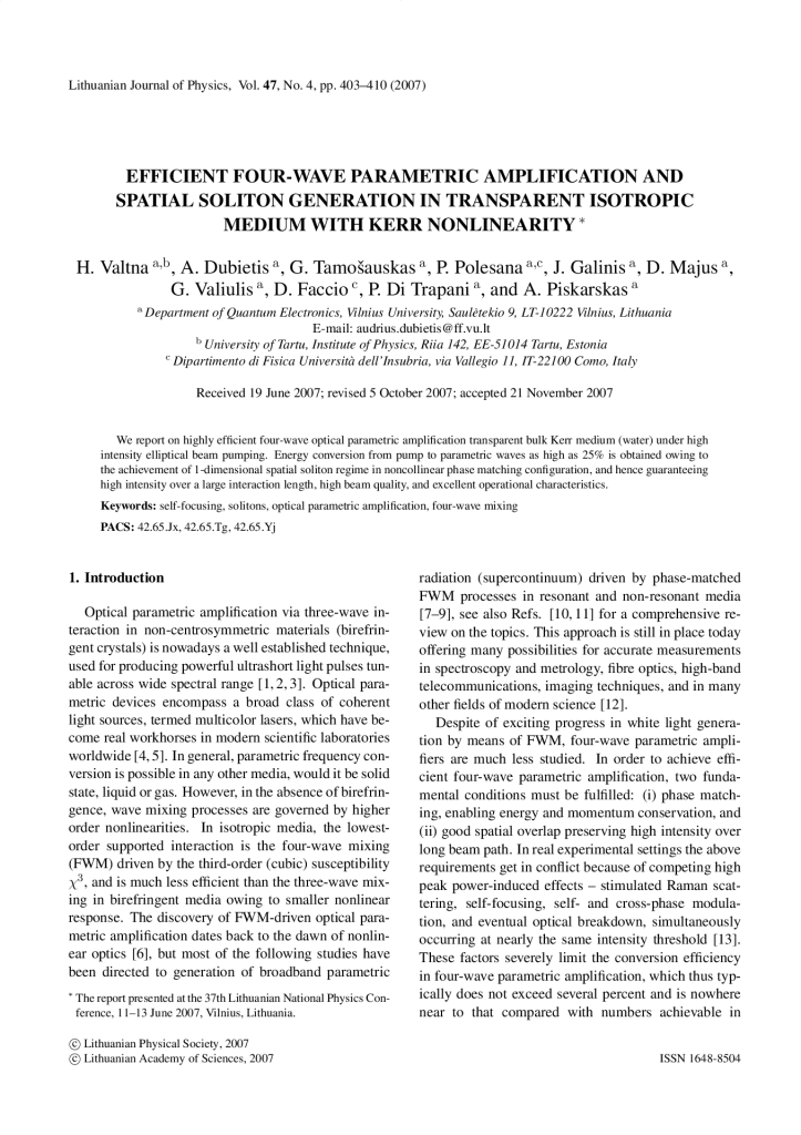 Efficient Four-Wave parametric amplification and spatial soliton generation in transparent isotropic medium with Kerr nonlinearity