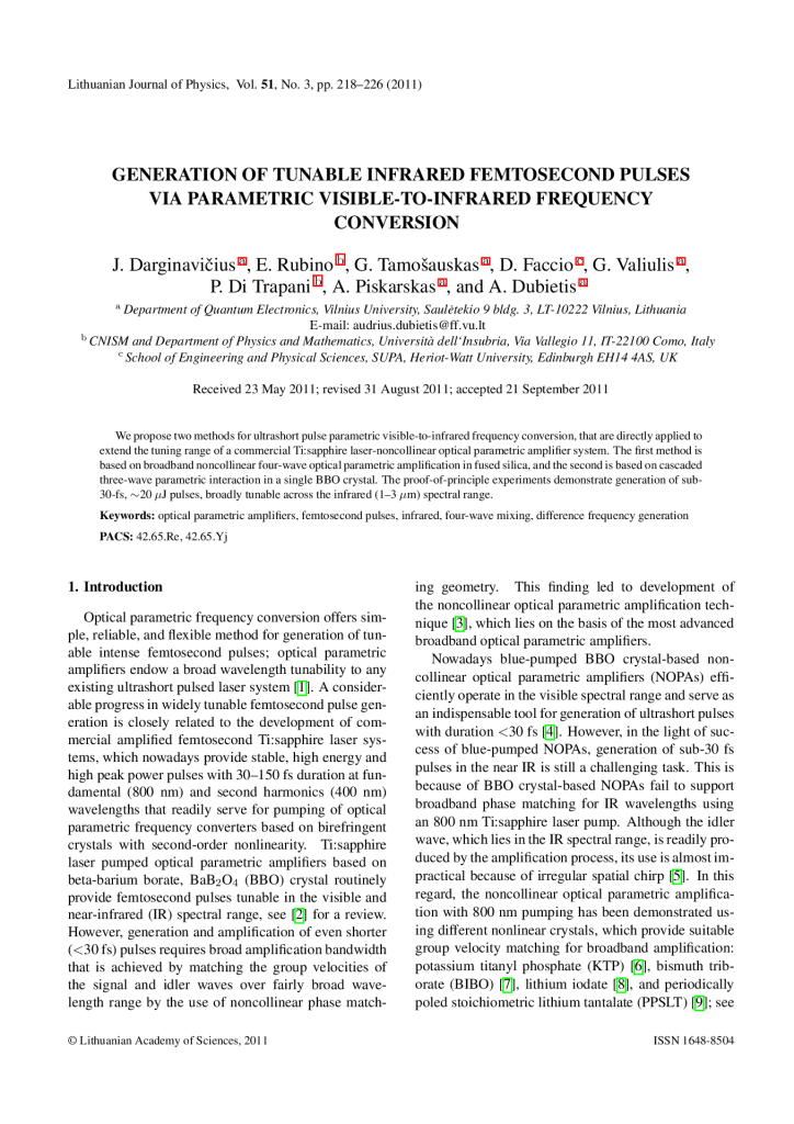 Generation of tunable infrared femtosecond pulses via parametric visible-to-infrared frequency conversion