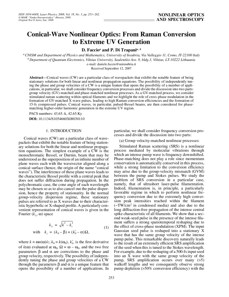 Conical-Wave Nonlinear Optics: From Raman Conversion to Extreme UV Generation