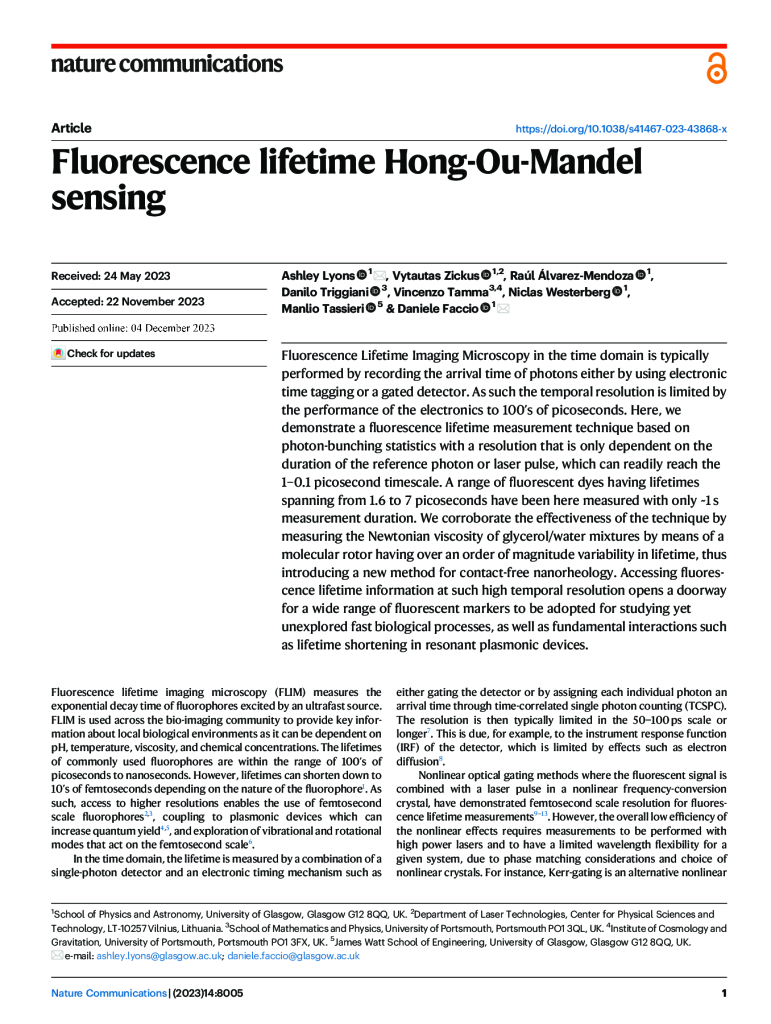 Fluorescence lifetime Hong-Ou-Mandel sensing