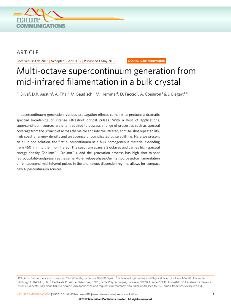 Multi-octave supercontinuum from mid-infrared filamentation in crystals