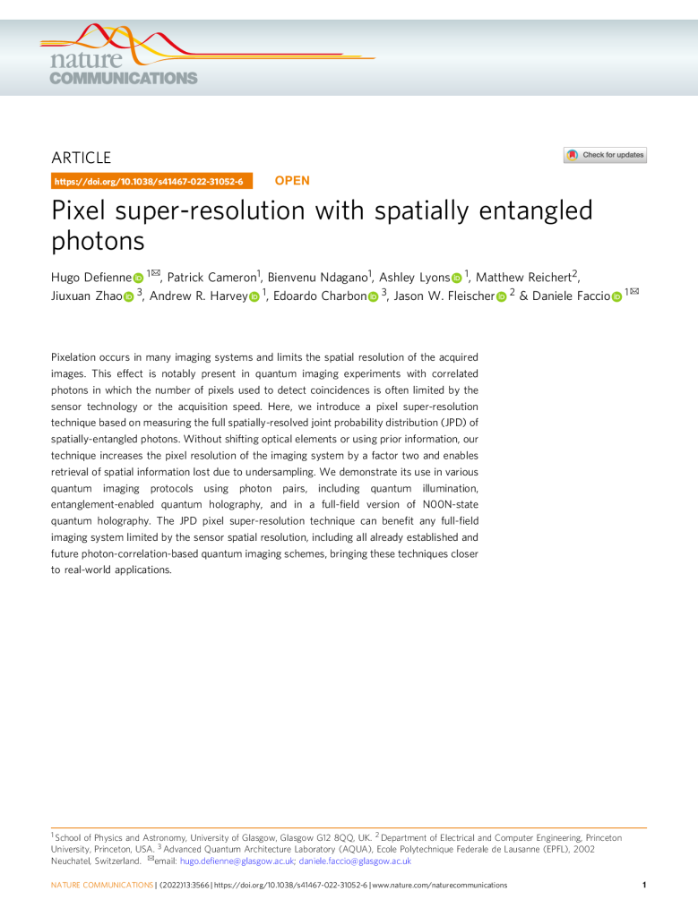 Pixel super-resolution using spatially entangled photon pairs