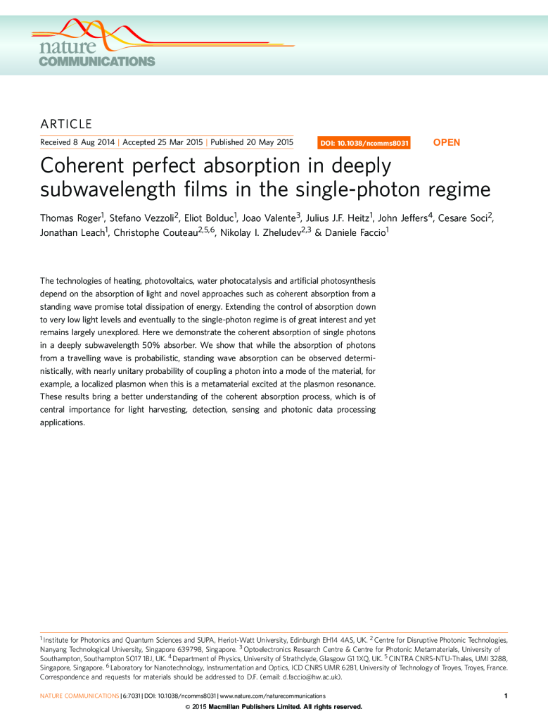 Coherent Perfect Absorption in the Single Photon Regime
