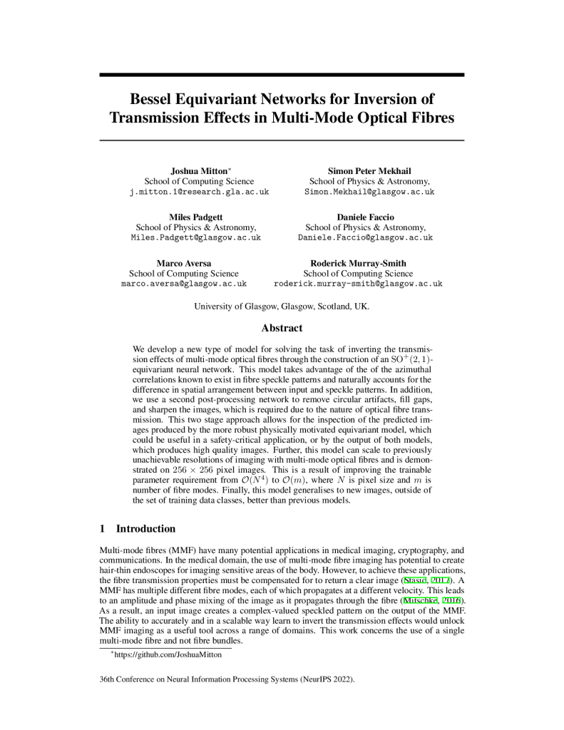 Bessel Equivariant Networks for Inversion of Transmission Effects in Multi-Mode Optical Fibres