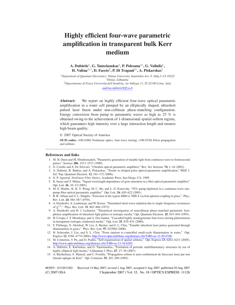 Highly efficient four-wave parametric amplification in transparent bulk Kerr medium