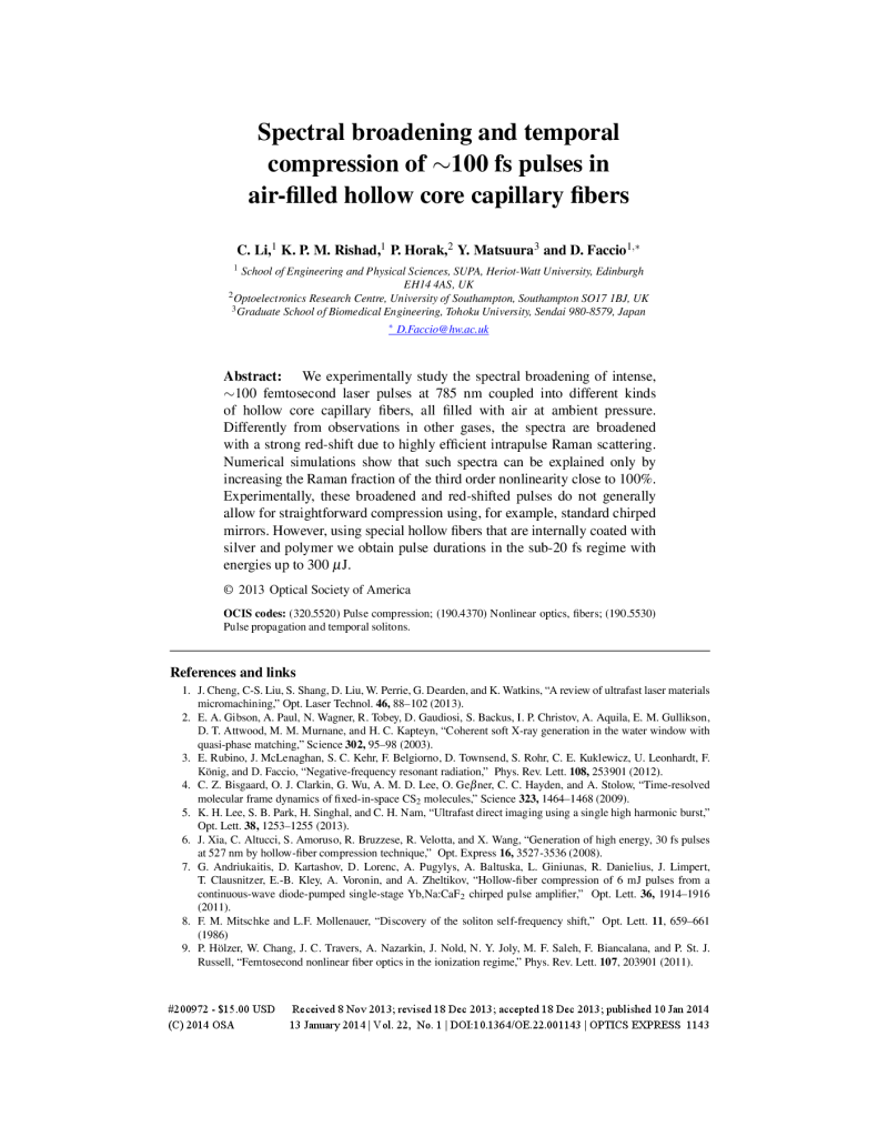 Spectral broadening and temporal compression of 100 fs pulses in air-filled hollow core capillary fibers