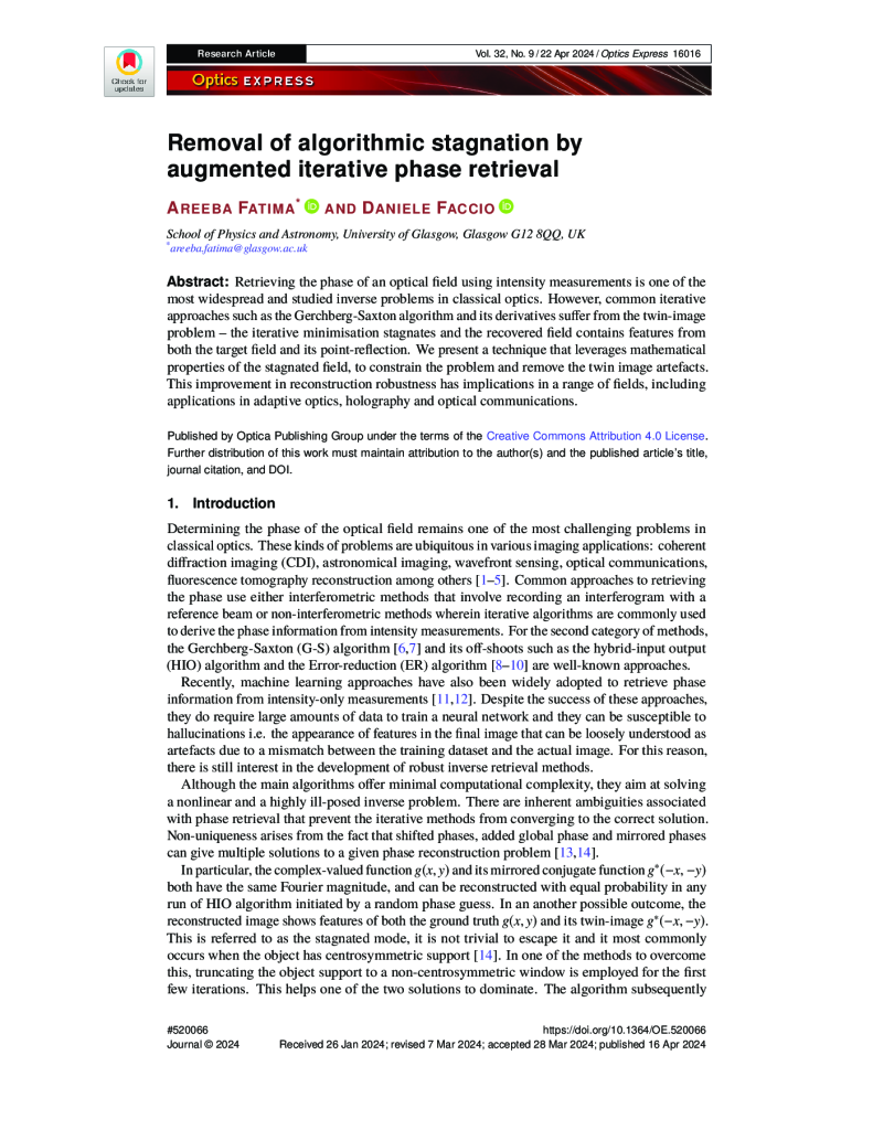 Removal of algorithmic stagnation by augmented iterative phase retrieval
