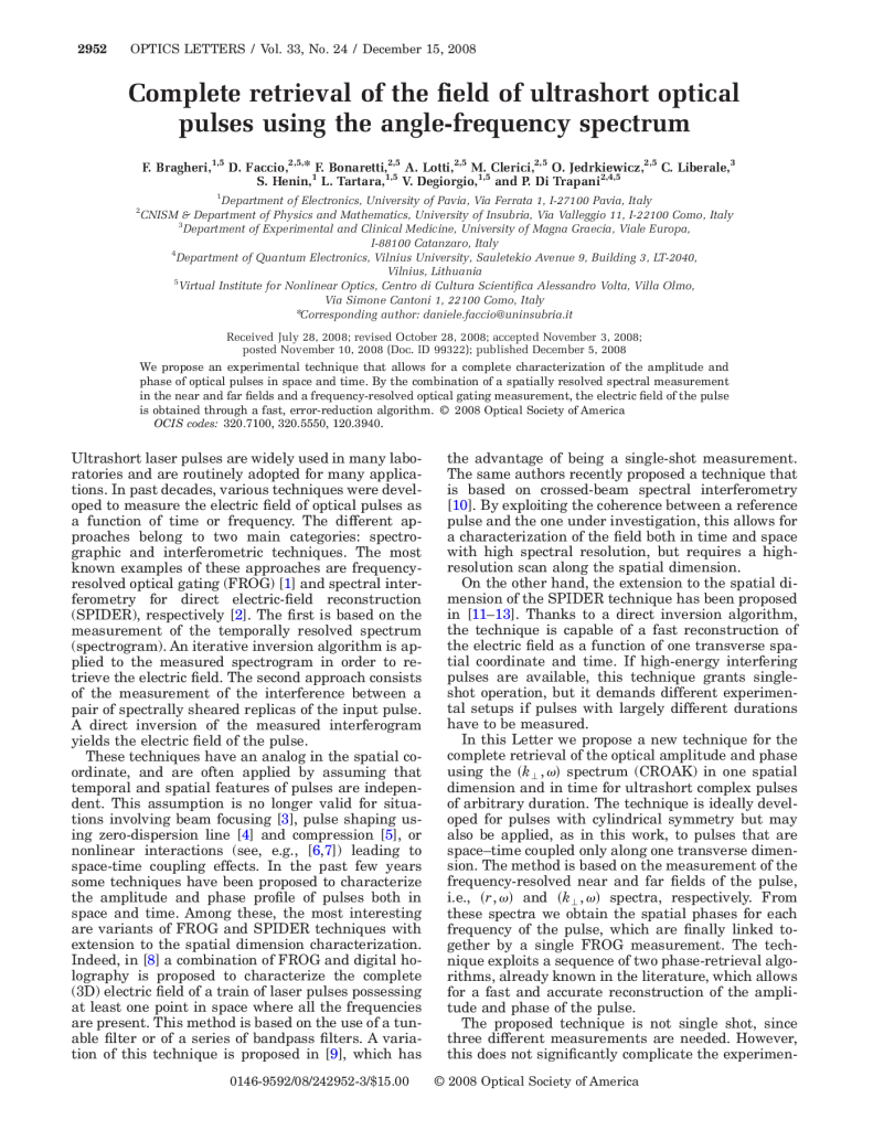 Complete retrieval of the field of ultrashort optical pulses using the angle-frequency spectrum
