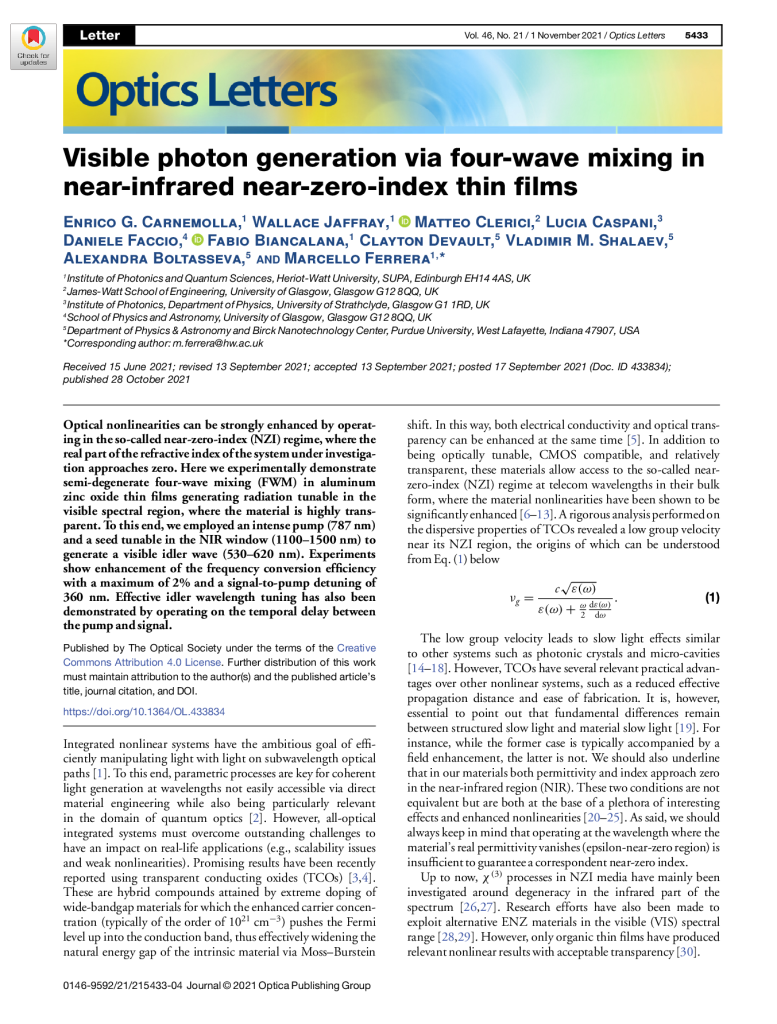 Visible photon generation via four-wave mixing in near-infrared near-zero-index thin films