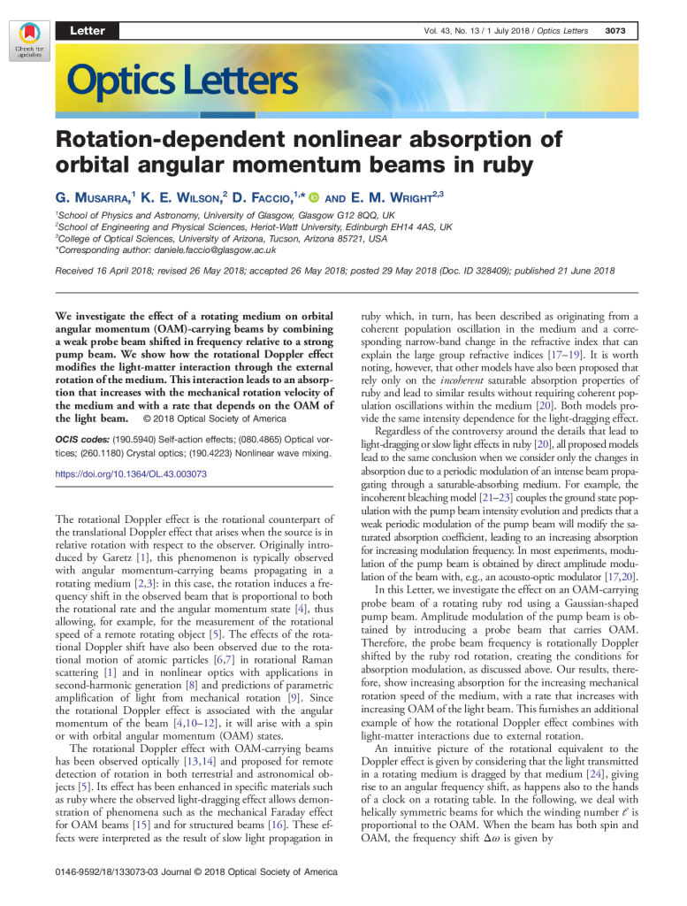 Rotation-dependent nonlinear absorption of orbital angular momentum beams in ruby