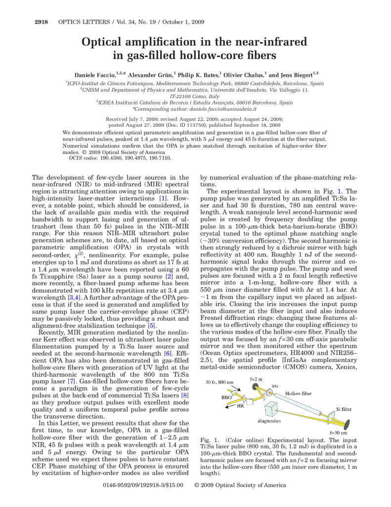Optical amplification in the near-infrared in gas-filled hollow-core fibers
