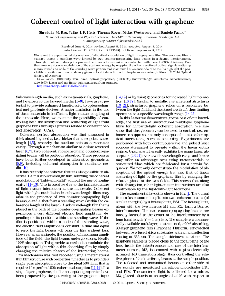 Coherent control of light interaction with graphene