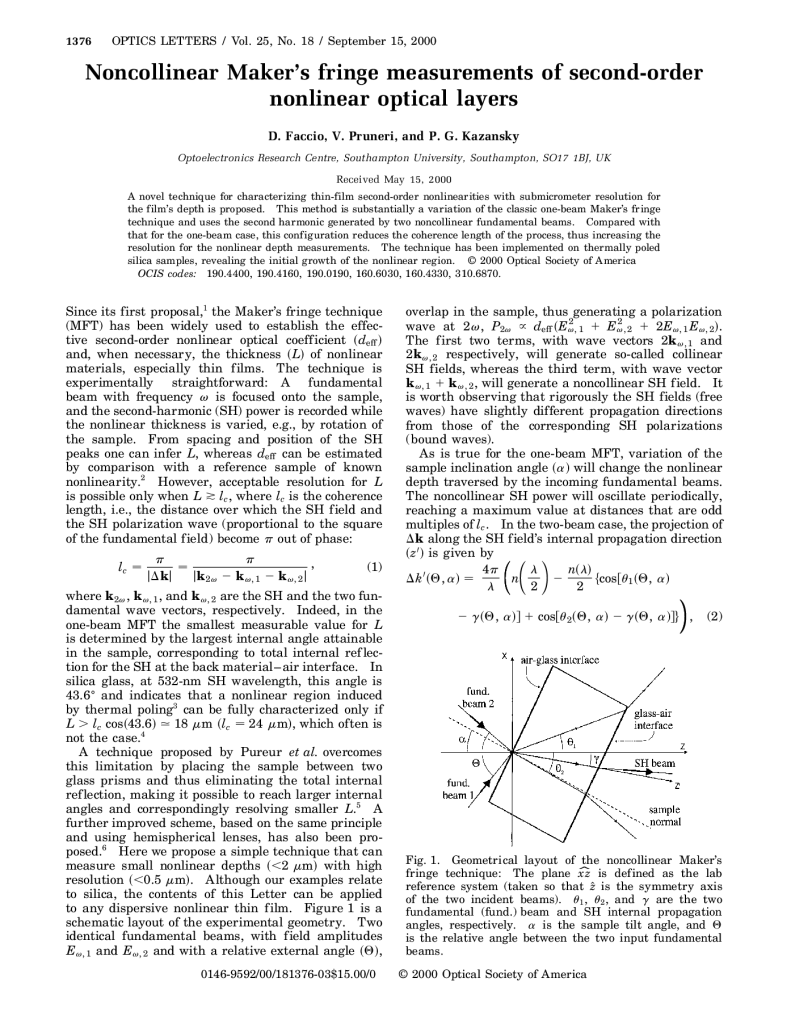 Noncollinear Makers Fringe measurements of second order nonlinear layers
