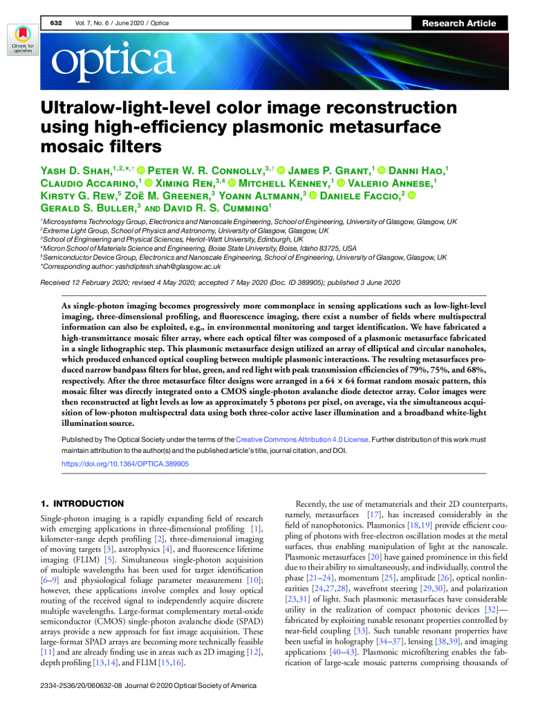 Ultralow-light-level color image reconstruction using high-efficiency plasmonic metasurface mosaic filters