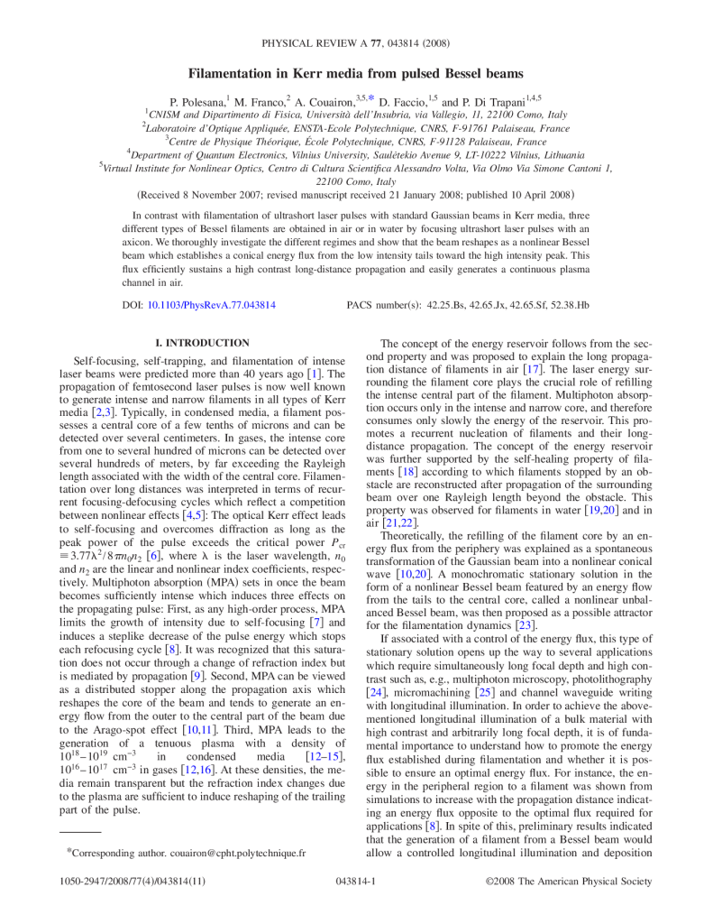 Filamentation in Kerr media from pulsed Bessel beams