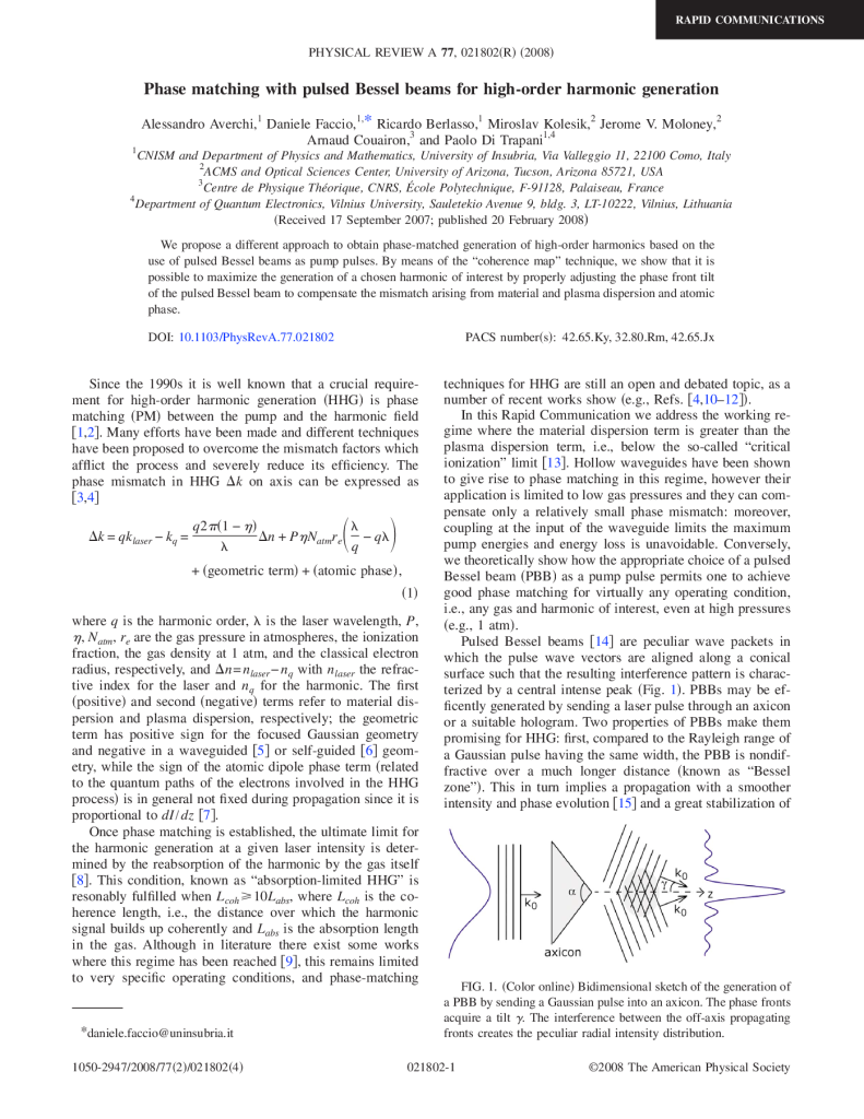 Phase matching with Pulsed Bessel Beams for High Harmonic Generation