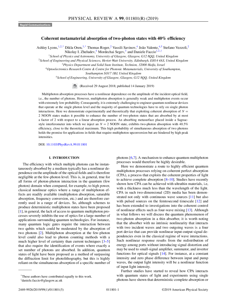 Coherent metamaterial absorption of two-photon states with 40% efficiency