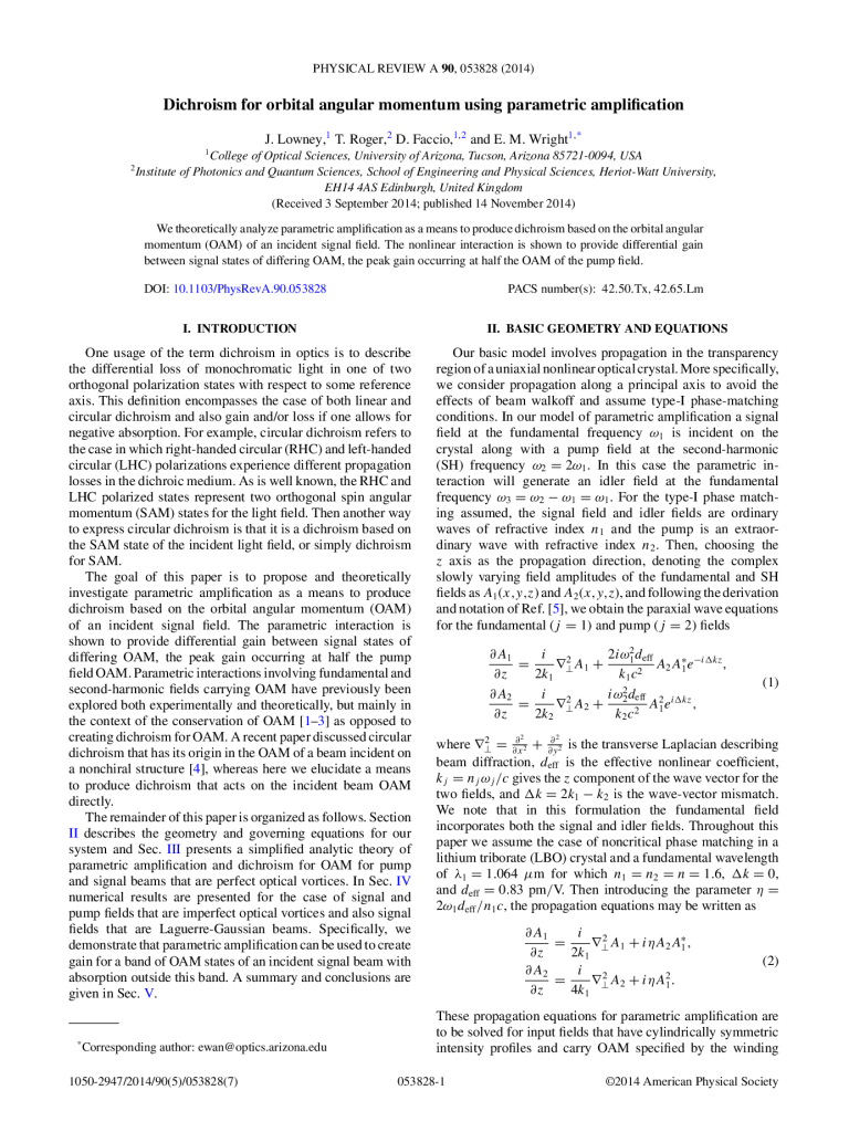 Dichroism for orbital angular momentum using parametric amplification