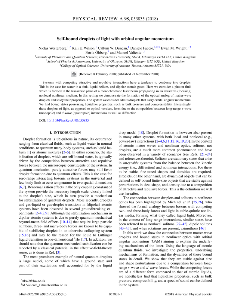 Self-bound droplets of light with orbital angular momentum