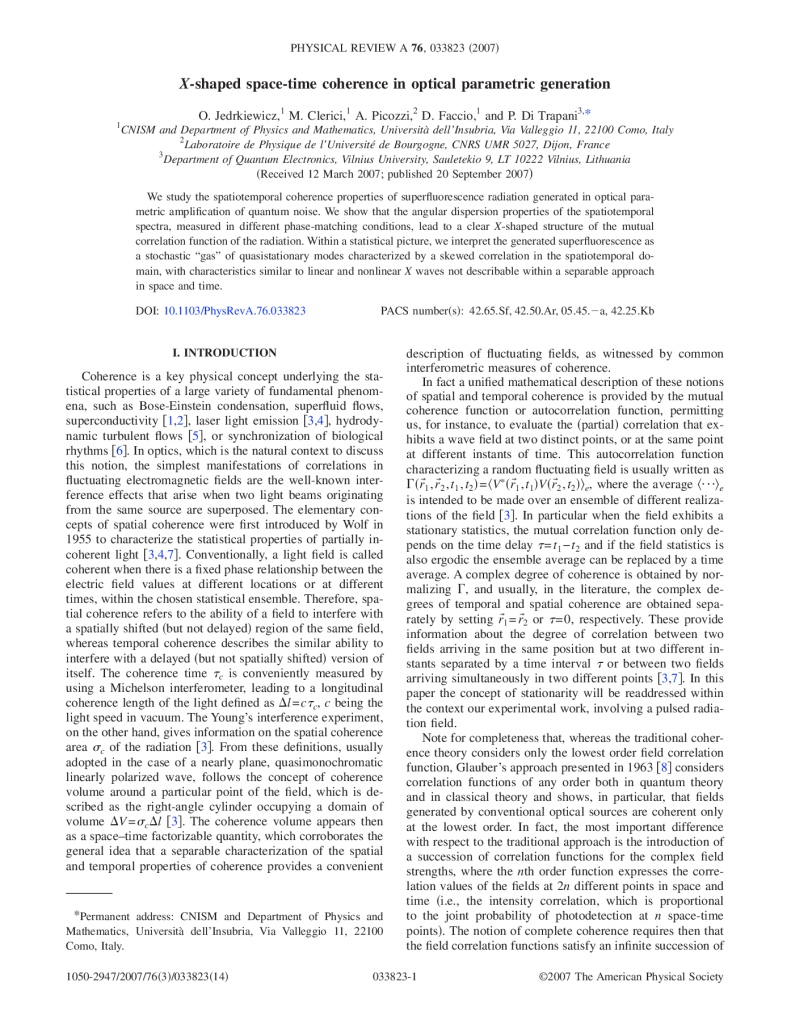 X-shaped space-time coherence in optical parametric generation
