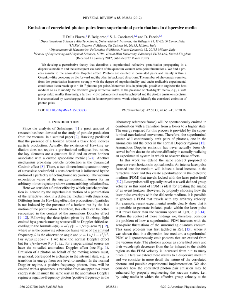 Emission of correlated photon pairs from superluminal perturbations in dispersive media