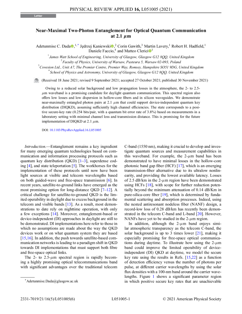Near maximal two-photon entanglement for quantum communications at 2.1 um