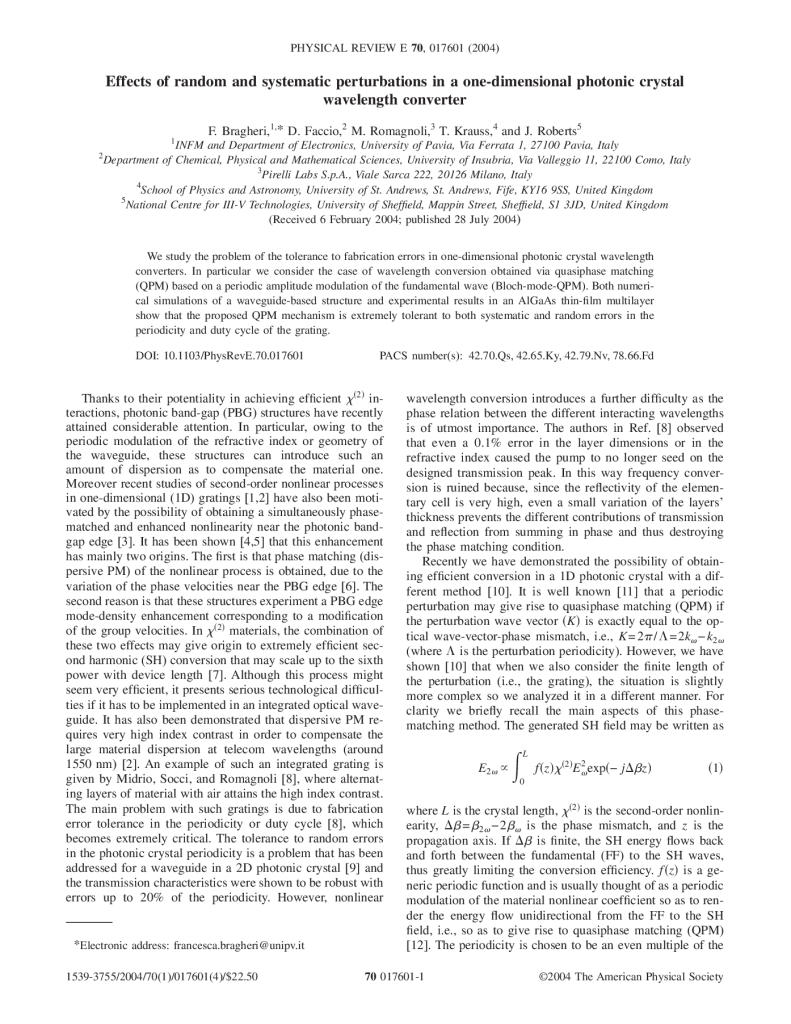 Effects of random and systematic peturbations in a one dimensional photonic crystal wavelength converter