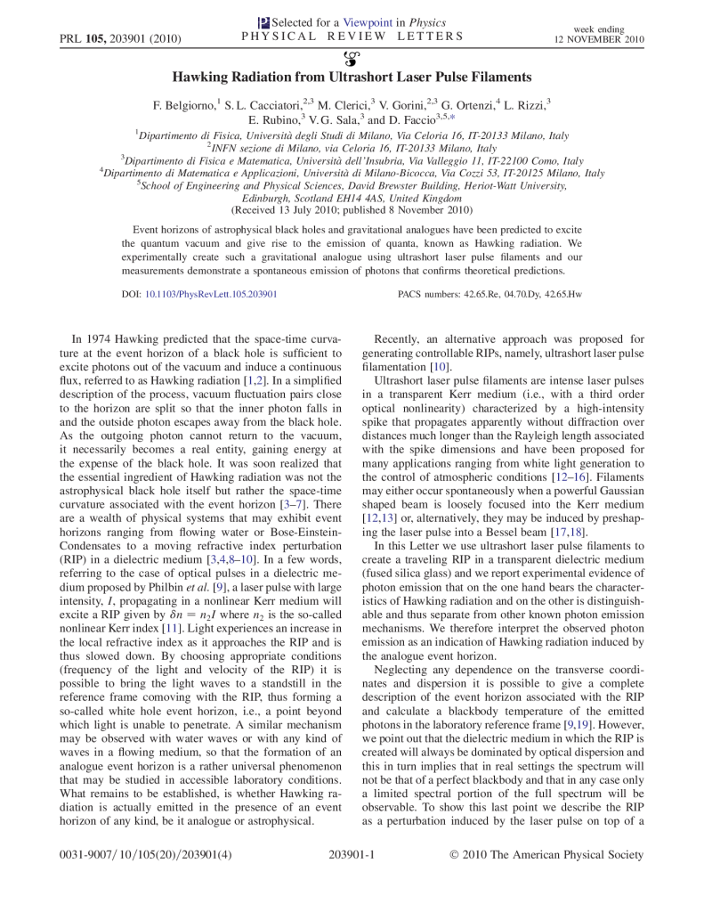 Hawking radiation from ultrashort laser pulse filaments
