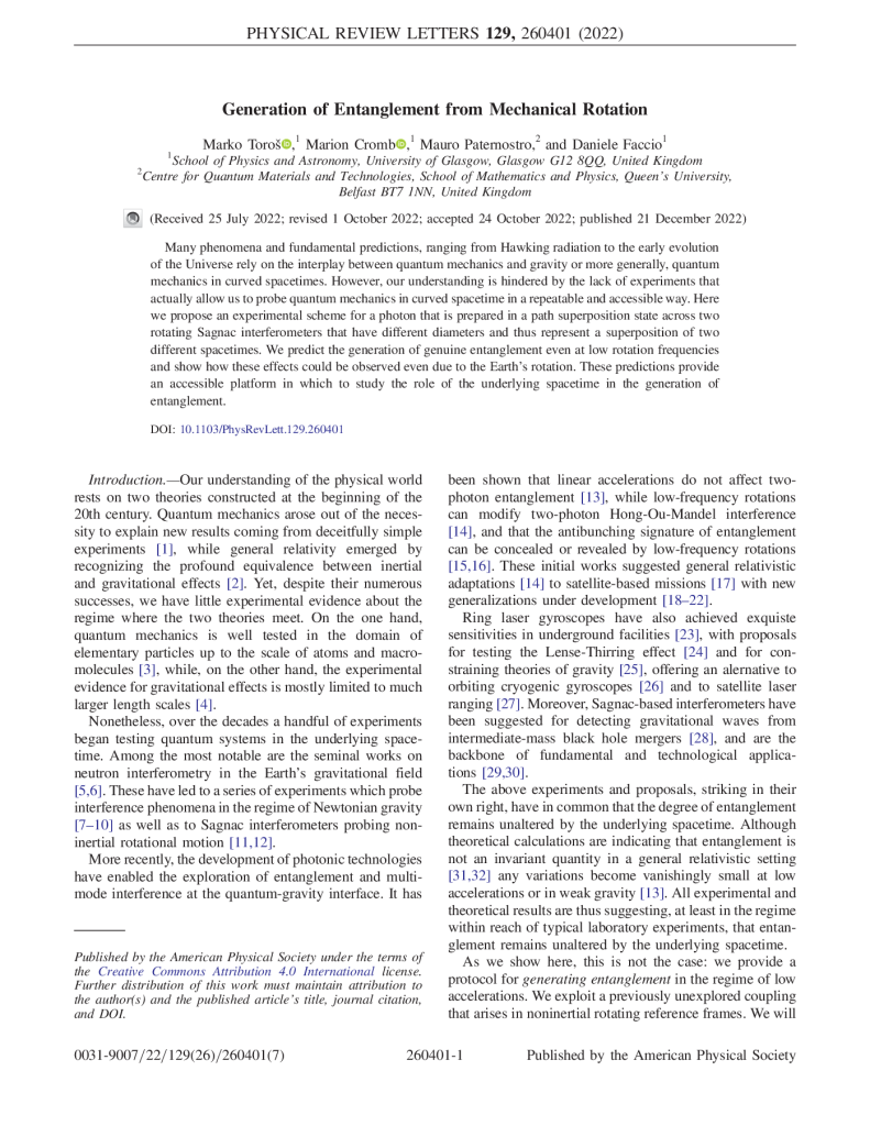 Generation of entanglement from mechanical rotation