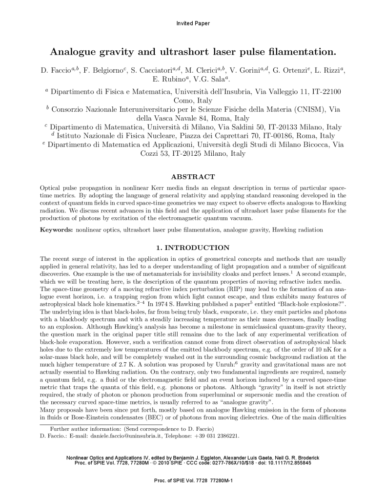Analogue gravity and ultrashort laser pulse filamentation