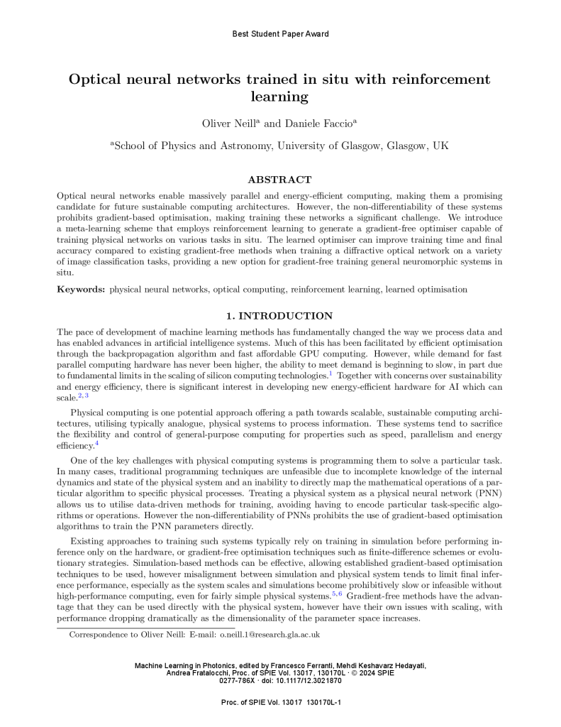 Optical neural networks trained in situ with reinforcement learning