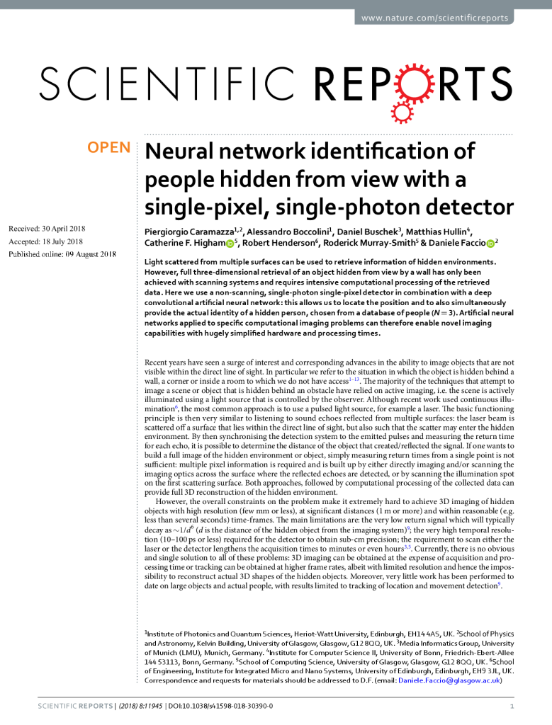 Neural network identification of people hidden from view with a single-pixel