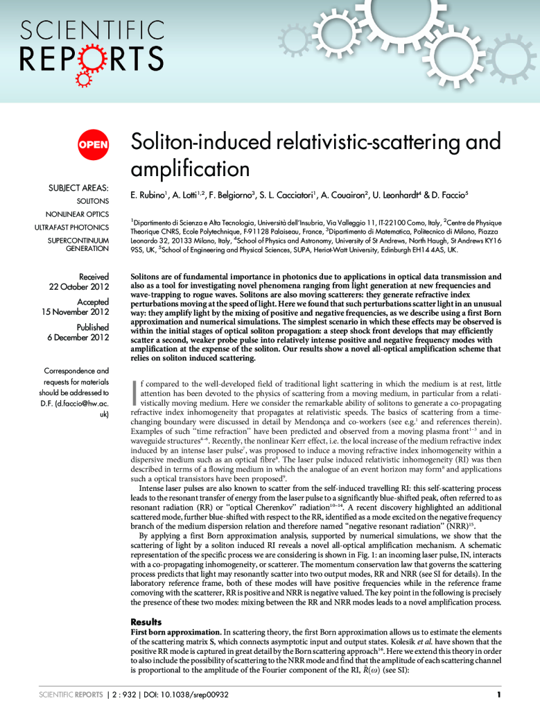Soliton-induced relativistic-scattering and amplification