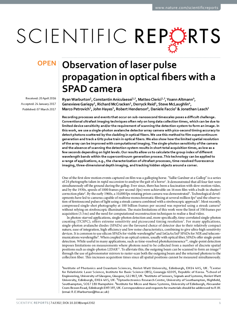 Observation of laser pulse propagation in optical fibers with a SPAD camera