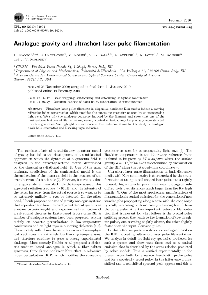 Analogue Gravity and ultrashort laser pulse filamentation