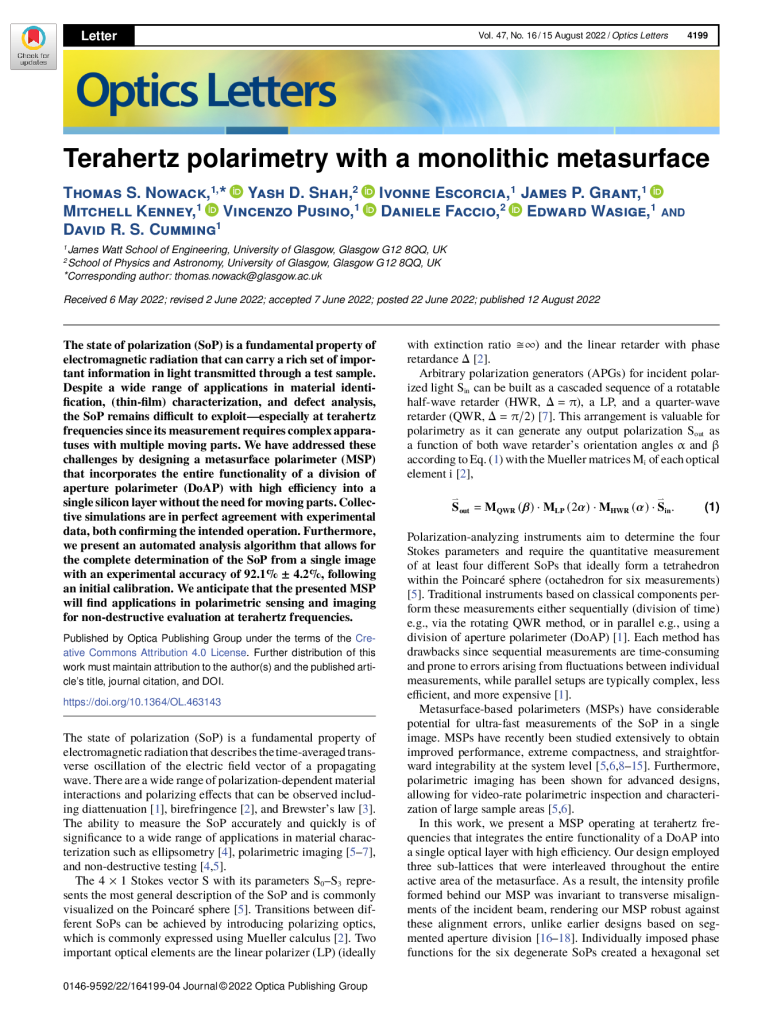 Terahertz polarimetry with a monolithic metasurface