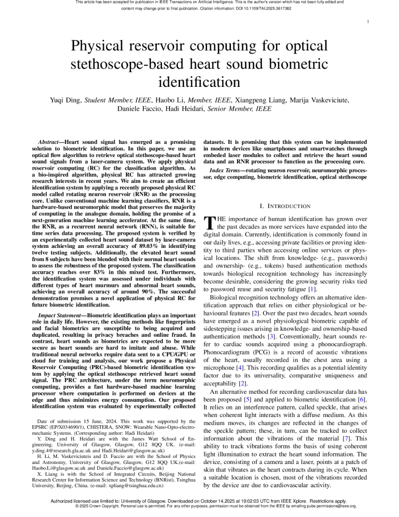 Physical reservoir computing for optical stethoscope-based heart sound biometric identification