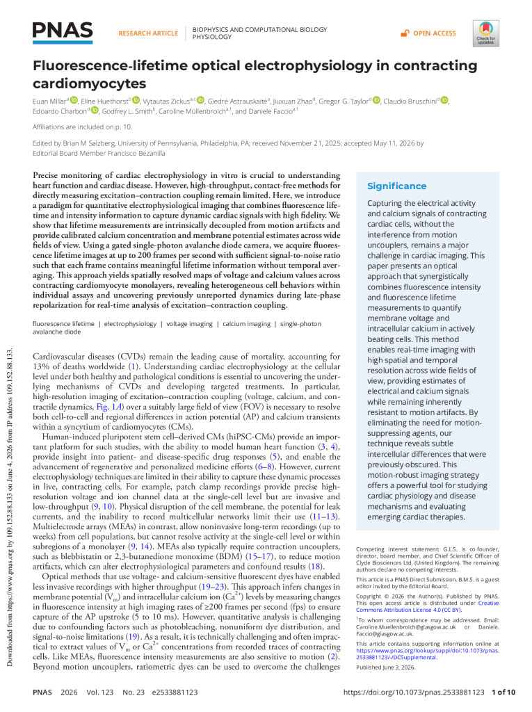 Fluorescence-lifetime optical electrophysiology in contracting cardiomyocytes